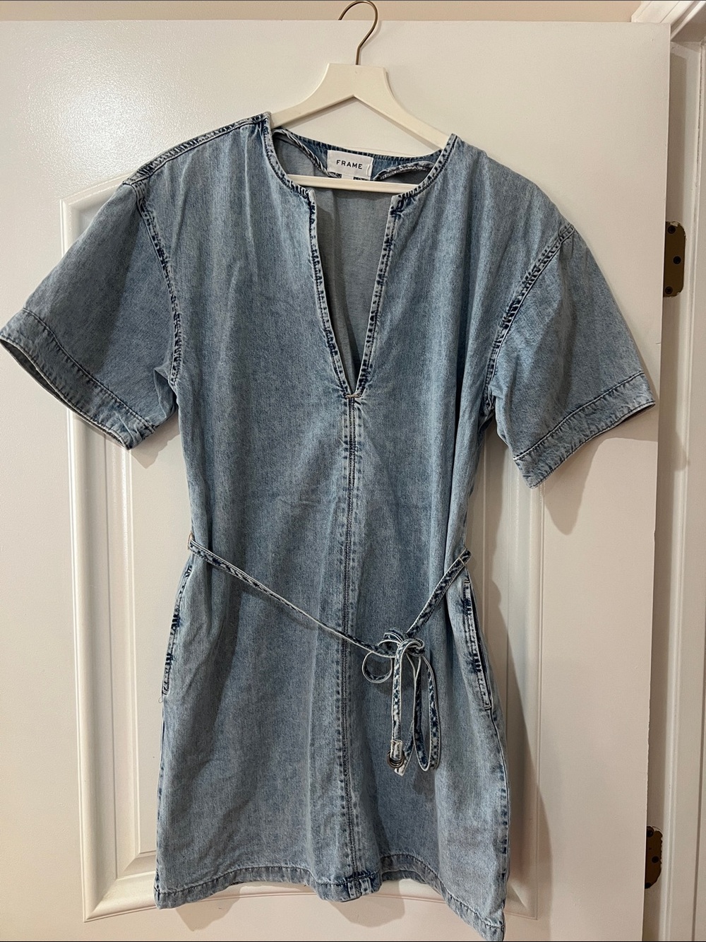 Frame Denim Light Blue Washed Denim Dress with Tie Waist